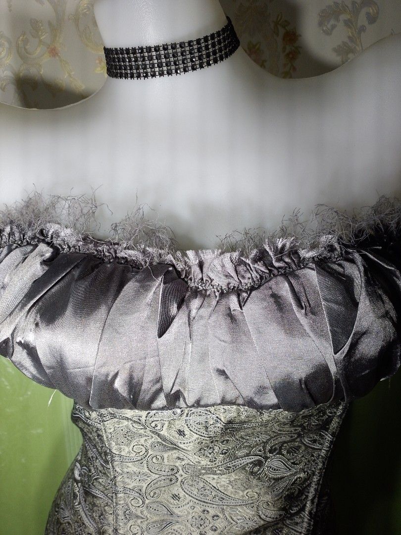 Preloved Gothic Brocade Gray Corset Top Xl (Category: Others Tops) located in Dasmarinas. Submitted by ms.happycorsets (Listing ID 1469907920, Image 3). Description: Preloved Brocade Corset Top light Gray Color Brocade design Can Fit to Etra large size Semi Stretchable Fabric Starting waistline size 36-39 inches With 8 Soft bones Has Lace Tie adjustable At the Back Padded no underwrite 36-38 B with Slight flaws see photos in the bra part satin fa