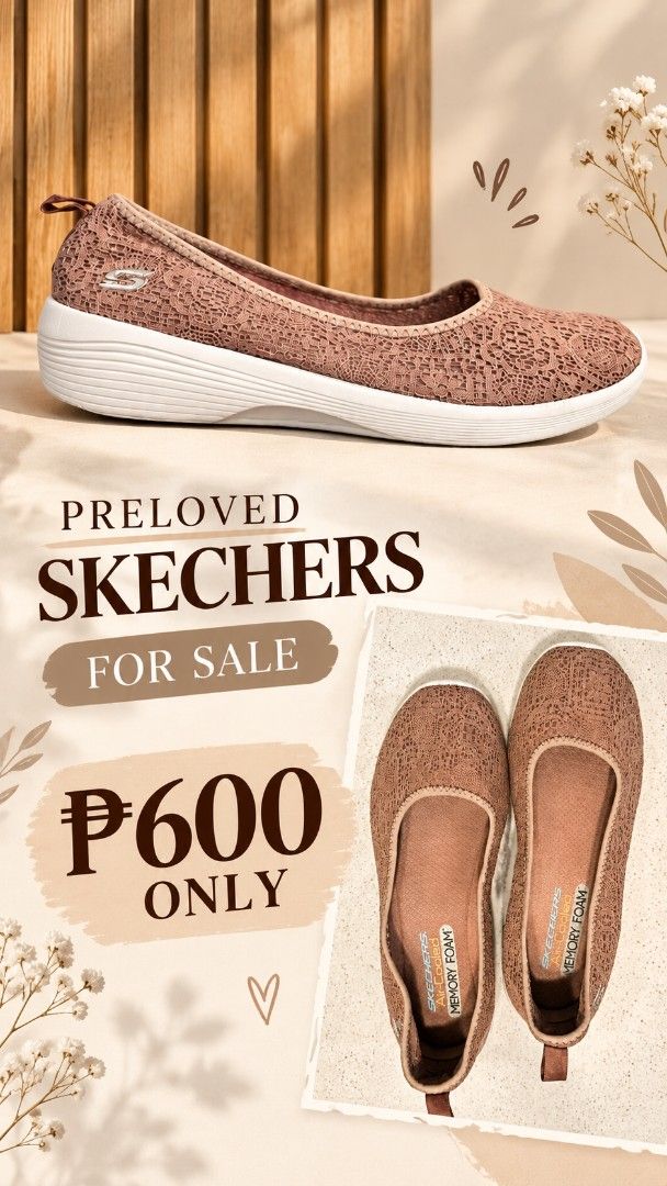 Preloved Skechers Memory Foam Slip-on Flats (Category: Flats & Sandals) located in Iloilo. Submitted by stellas21 (Listing ID 1469901292, Image 1). Description: - Brand: Skechers - Style: Slip-on flats in dusty pink lace fabric - Comfort: Air-Cooled Memory Foam insoles for all-day wear - Sole: Lightweight white chunky soles with great grip - Condition: Preloved, clean inside and out, ready to wear - Best for: Daily errands, walking, and casual ou