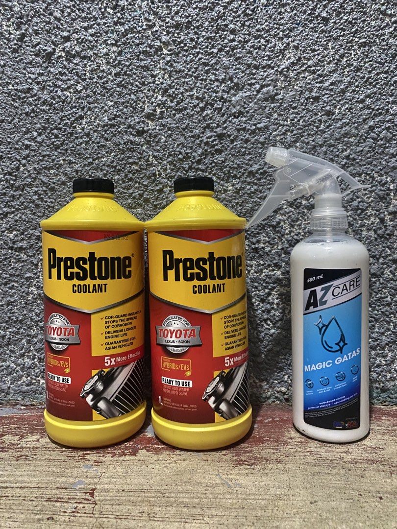 Prestone Coolant and AZ Care Magic Gatas Bundle (Category: Maintenance Fluids and Filters) located in Manila. Submitted by gabrielpolicarpio_ (Listing ID 1469852055, Image 2). Description: - 2x Prestone Ready-To-Use Coolant (1L each) - Specially formulated for Toyota, Lexus, and Scion (includes hybrids and EVs) - Prevents corrosion and extends engine life - 1x AZ Care Magic Gatas Spray Cleaner (500ml) - Water-based formula for safe and easy vehic