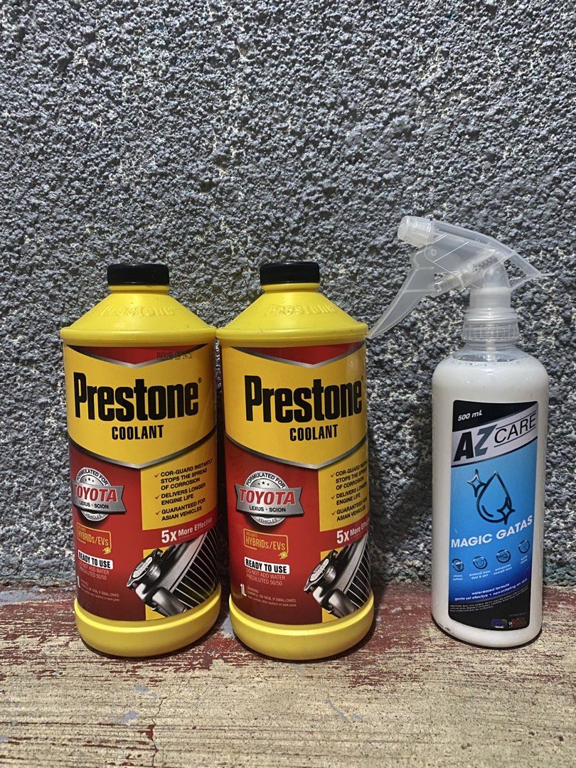 Prestone Coolant and AZ Care Magic Gatas Bundle (Category: Maintenance Fluids and Filters) located in Manila. Submitted by gabrielpolicarpio_ (Listing ID 1469852055, Image 1). Description: - 2x Prestone Ready-To-Use Coolant (1L each) - Specially formulated for Toyota, Lexus, and Scion (includes hybrids and EVs) - Prevents corrosion and extends engine life - 1x AZ Care Magic Gatas Spray Cleaner (500ml) - Water-based formula for safe and easy vehic