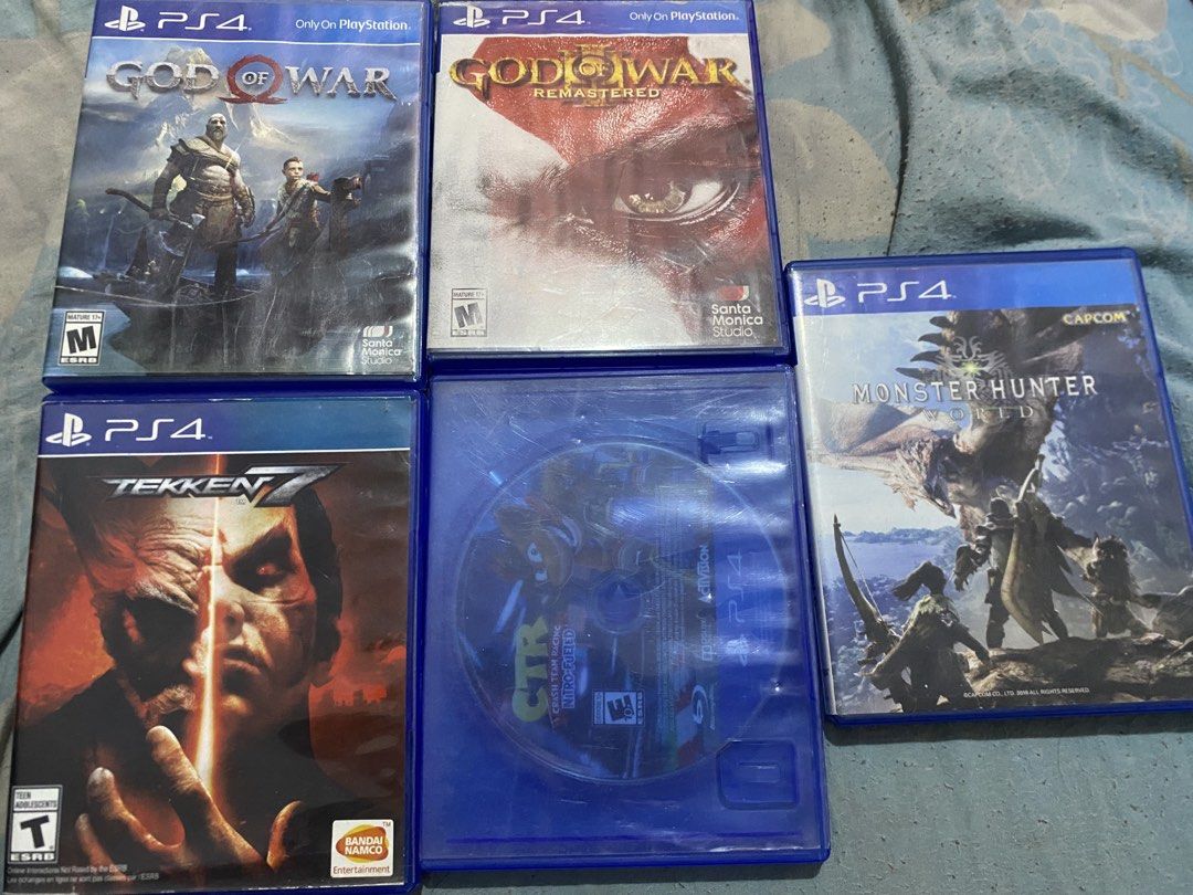 PS4 Games (Category: PlayStation) located in Manila. Submitted by devilsdontcry (Listing ID 1469774348, Image 1). Description: - PlayStation 4 game bundle (Set of 5 titles) - Included titles: God of War, God of War Remastered, Tekken 7, Monster Hunter World, and Crash Team Racing Nitro-Fueled - Condition: All discs and original cases included; please note that Crash Team Racing is missing the paper cover art insert - Genre variety: Great mix of a