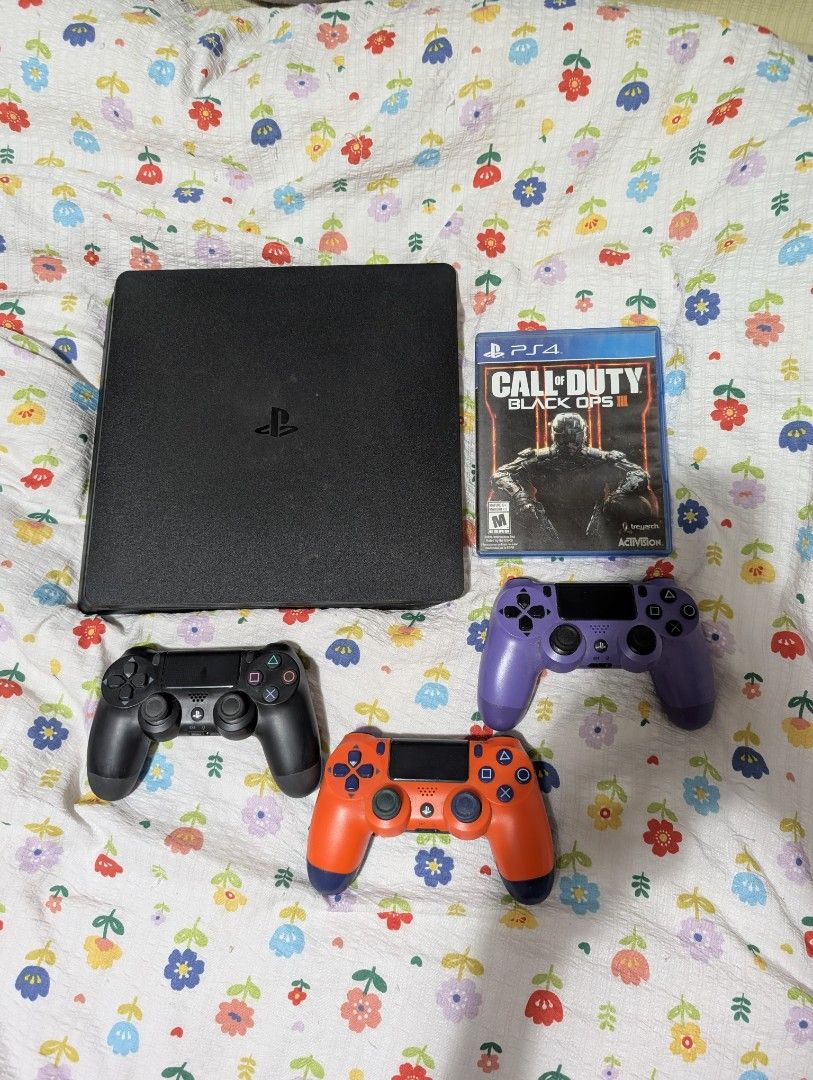 Ps4 Slim Console (500Gb) with 3 Controllers and 1 Game (Category: PlayStation) located in Pasay City. Submitted by cheesecake69 (Listing ID 1469841423, Image 1). Description: FOR SALE: Ps4 Slim (500GB) Condition: Good, no issue Price: ₱8,000 slightly negotiable RFS: need money for pet's vet bills - No box - Includes power cable, HDMI, and charging cable for controllers - Includes 3 controllers - Includes Call of Duty: Black Ops III MEETUP: Mall o