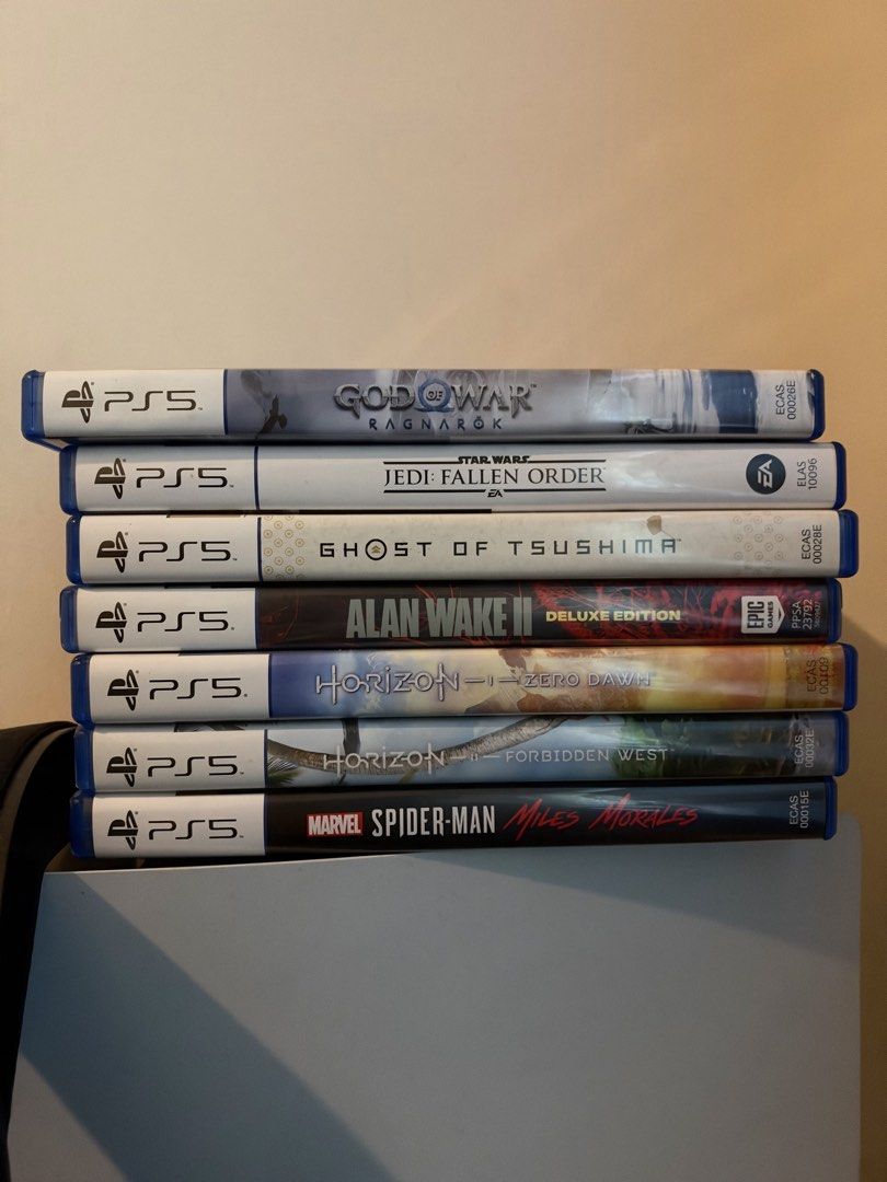 PS5 Games (Category: PlayStation) located in Manila. Submitted by judmalcom567665 (Listing ID 1469805759, Image 1). Description: God of War: Ragnarok - 1,700 Jedi: Fallen Order - 1,500 Ghost of Tsushima - 1,700 Alan Wake II - 1,700 Horizon Zero Dawn PS5 - 1,500 Horizon Forbidden West - 1,500 Spider-Man: Miles Morales - 1,300 Take All: 8,000.