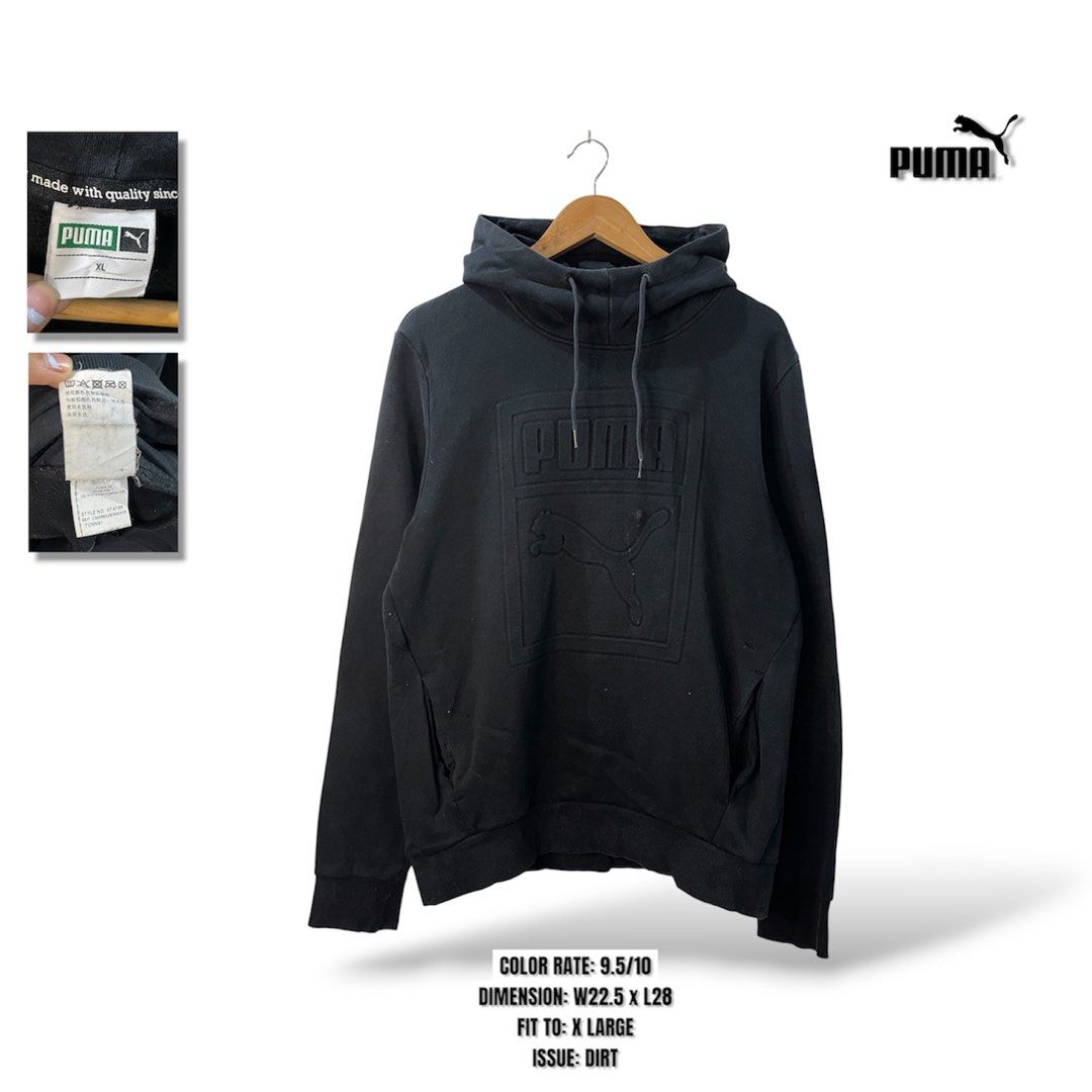 Puma Black Embossed Logo Hoodie XL (Category: Hoodies) located in Cabagan. Submitted by blessingma81004 (Listing ID 1469768521, Image 1). Description: - Brand: Puma - Color: Black - Size: XL - Features: Heavy embossed Puma logo and cat graphic, drawstring hood, front pockets, heritage tag - Style Number: 574786 - Condition: Great casual pullover with some minor dirt marks on the front near the logo.
