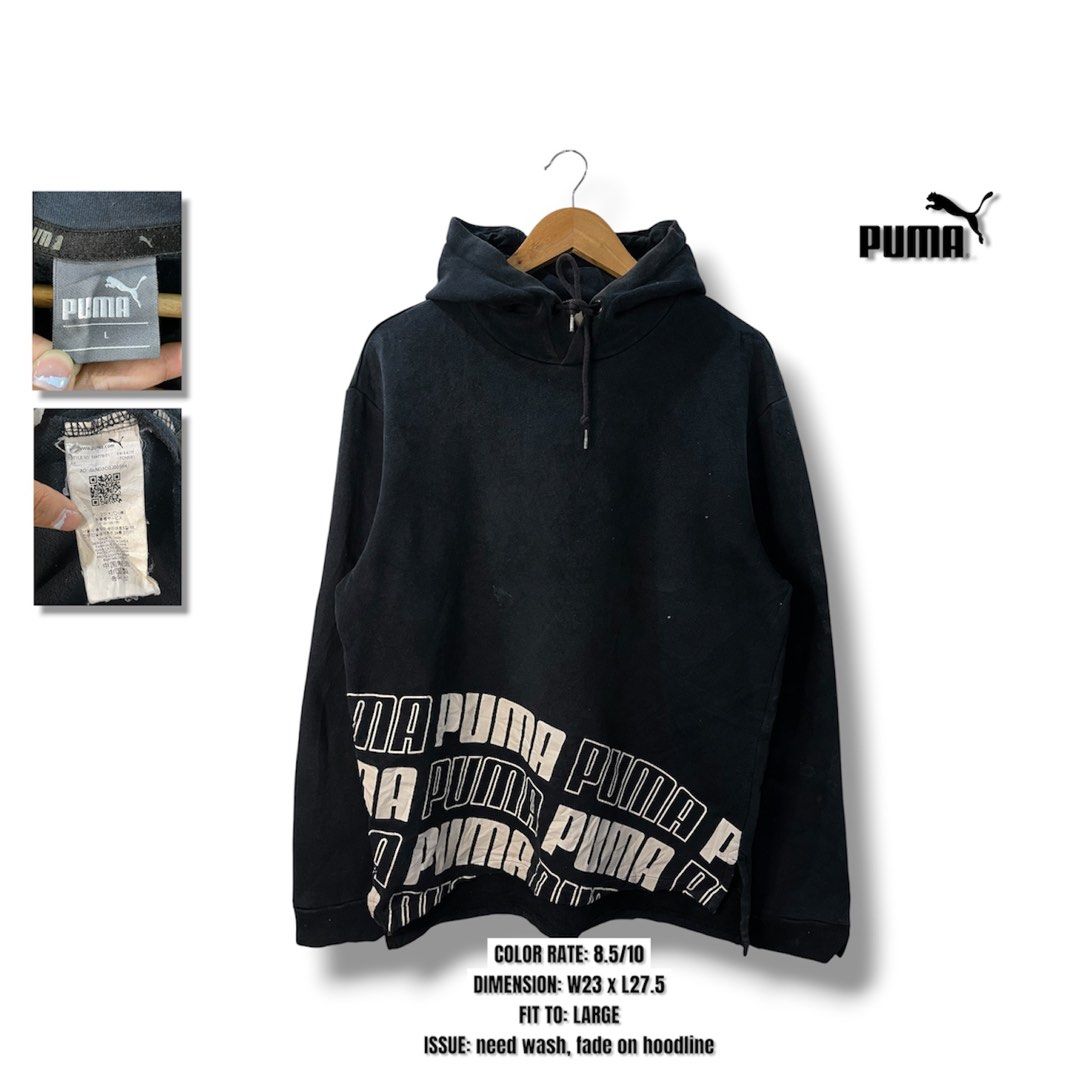 Puma Black Graphic Hoodie Size L (Category: Hoodies) located in Cabagan. Submitted by blessingma81004 (Listing ID 1469770352, Image 1). Description: Black Puma hoodie with bold white graphic text along the bottom hem. Size large tag attached. Drawstring hood, ribbed cuffs and hem. Style number 594776-01 on the inner wash tag. Has slight fading around the hoodline and needs a wash..