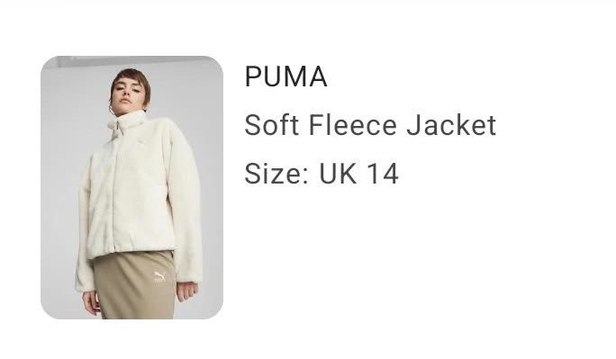 PUMA Soft Fleece Jacket Women (Category: Coats, Jackets and Outerwear) located in Manila. Submitted by kateedad (Listing ID 1469888246, Image 2). Description: - Brand: Puma - Style: Soft fleece zip-up jacket with high collar and side pockets - Color: Off-white - Size: UK 14 - Details: Embroidered Puma logo on the chest - Condition: Worn a few times, still in great shape - Features: Fluffy, warm, and super cozy for cold weather.
