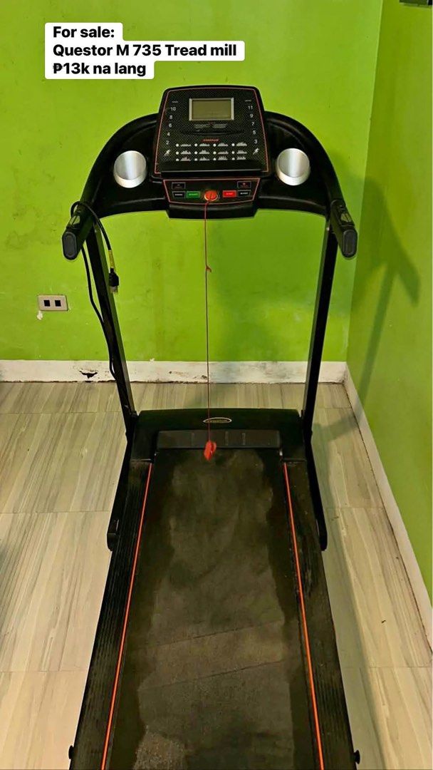 Questor M 735 Treadmill (Category: Cardio & Fitness Machines) located in Rizal. Submitted by allaresale (Listing ID 1469842158, Image 1). Description: - Questor M 735 motorized treadmill - Sleek black finish with red accents - Built-in digital console to track your workout progress - Safety key with lanyard included - Dual cup holders on the console frame - Standard plug-in power cord - Note: Heavy equipment, local pickup preferred.