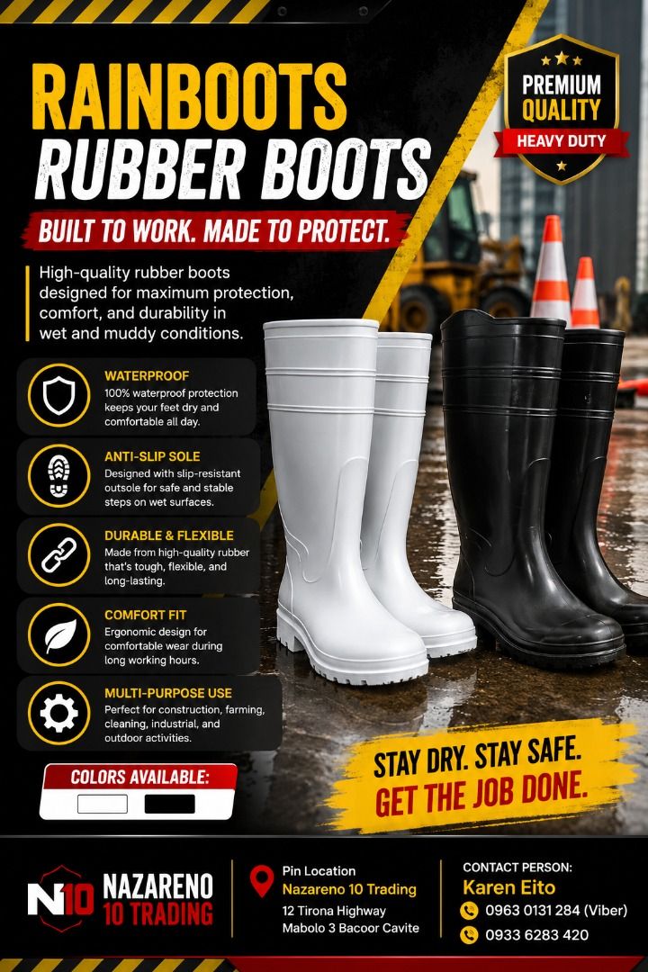 Rain Boots Camel High cut heavy duty (Category: Looking For) located in Bacoor. Submitted by kajezame.2021 (Listing ID 1469803291, Image 1). Description: Rain Boots Camel High cut heavy duty For More Details and Discount Contact Ms. Karen NAZARENO 10 TRADING 0963 0131 284 0933 6283 420 0956 7028 557 0933 8559 510 Landline: Look for Ms. Karen (046 ) 416 3920 Also available: • Traffic cone • Parking Block stopper • Hooded trash bin • Road Plastic B