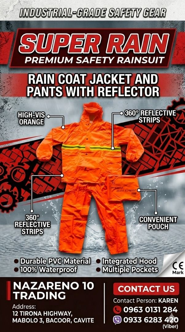 Rain Coat Jacket And Pants (Category: Looking For) located in Bacoor. Submitted by kajezame.2021 (Listing ID 1469781199, Image 1). Description: Rain Coat Jacket And Pants For More Details and Discount Contact Ms. Karen NAZARENO 10 TRADING 0963 0131 284 0933 6283 420 0956 7028 557 0933 8559 510 Landline: Look for Ms. Karen (046 ) 416 3920 Also available: • Traffic cone • Parking Block stopper • Hooded trash bin • Road Plastic Barrier • Spill boom 