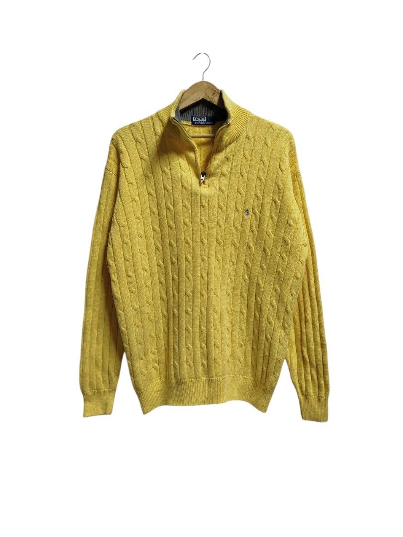 RALPH LAUREN YELLOW CABLE KNIT QUARTER ZIP JACKET (Category: Coats, Jackets and Outerwear) located in Bayombong. Submitted by Gentlemans_ClosEt (Listing ID 1469884143, Image 1). Description: RALPH LAUREN YELLOW CABLE KNIT QUARTER ZIP JACKET SIZE MEDIUM ON TAG BEST FIT LARGE DIMES: W22 X L29 EXCELLENT CONDITION NO ISSUE.