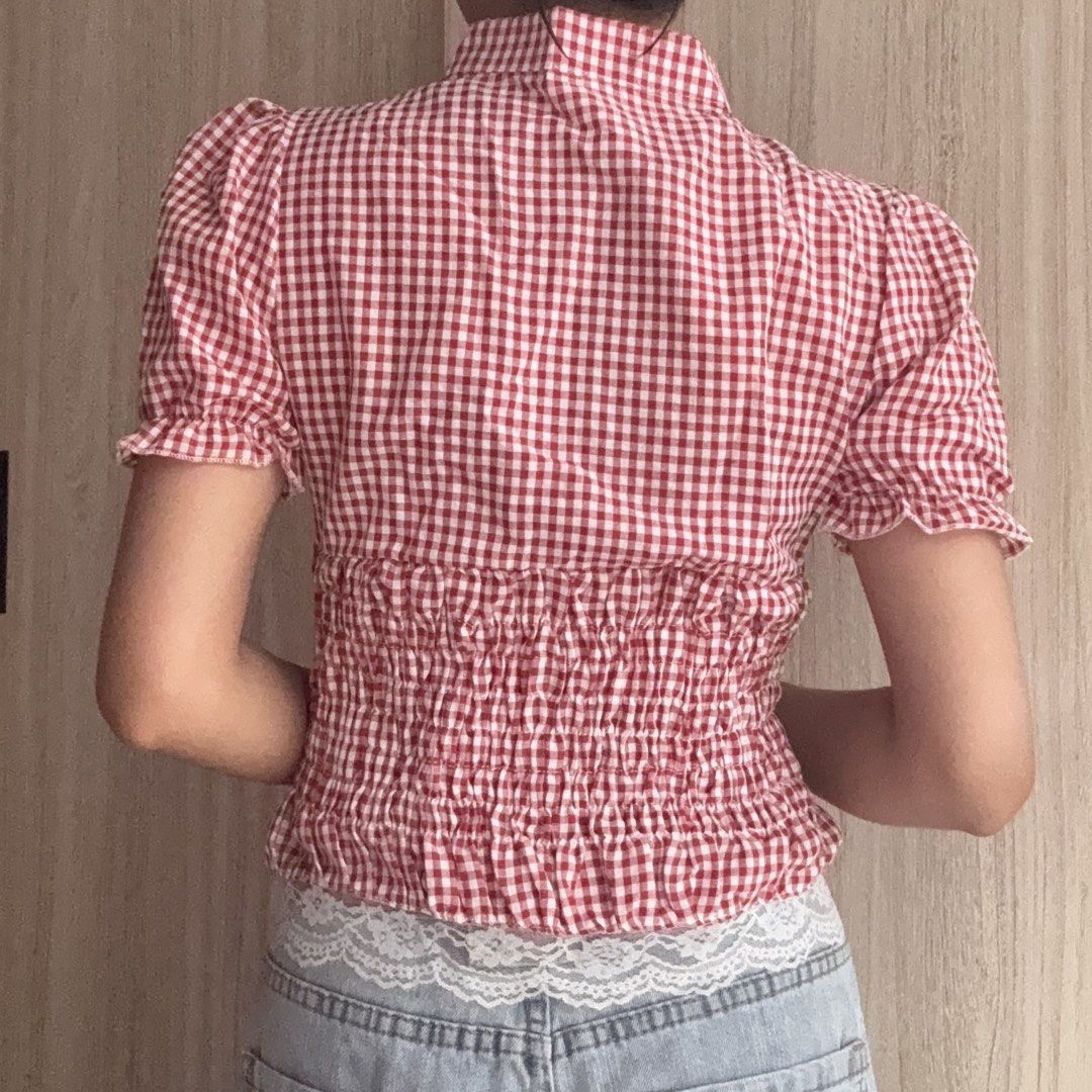 Red gingham puffsleeve top (Category: Blouses) located in Rizal. Submitted by preloved2kk (Listing ID 1469819872, Image 3). Description: -brand new, never used - with lace trim - cotton linen fabric - ruched back.