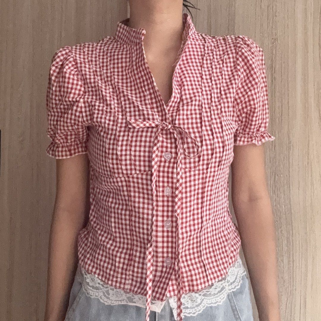 Red gingham puffsleeve top (Category: Blouses) located in Rizal. Submitted by preloved2kk (Listing ID 1469819872, Image 2). Description: -brand new, never used - with lace trim - cotton linen fabric - ruched back.