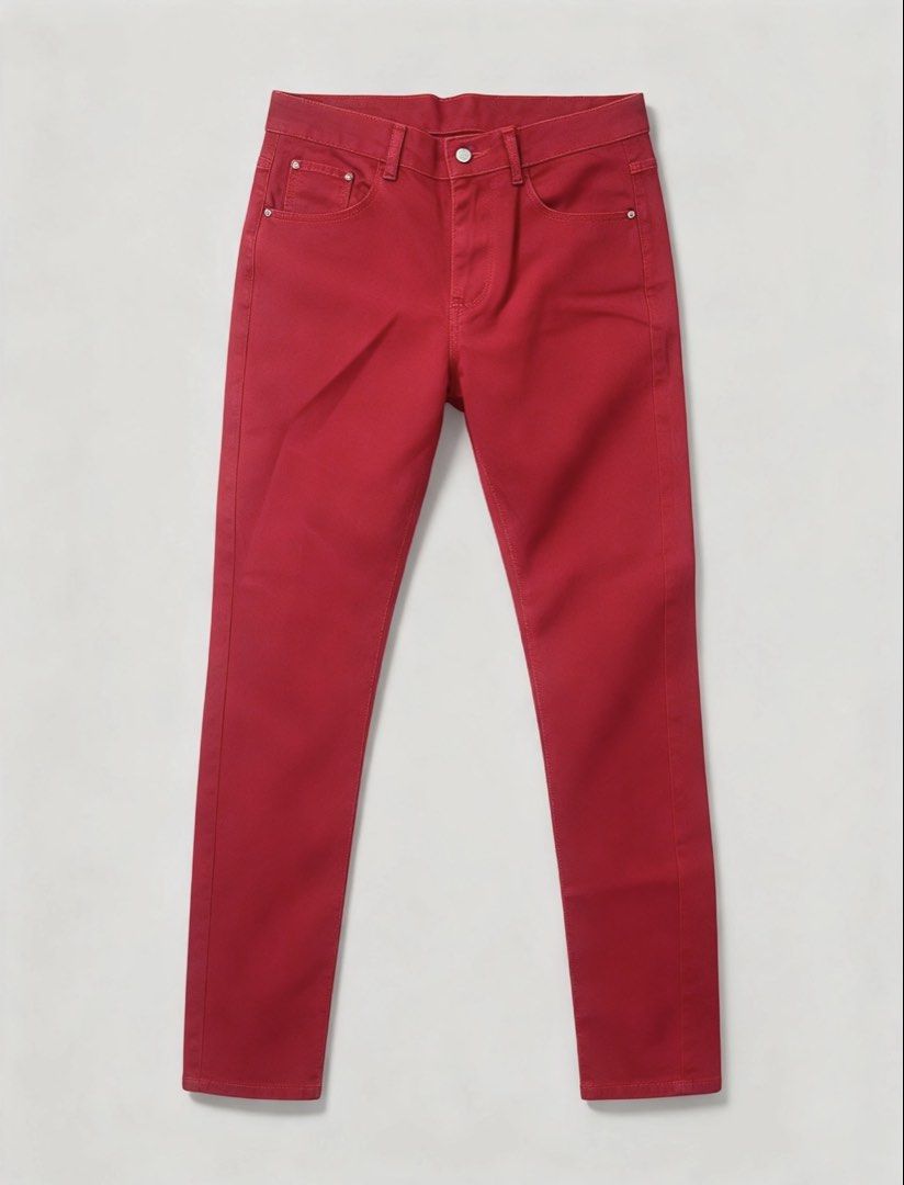 Red Skinny Jeans Denim Pants (Category: Jeans) located in Manila. Submitted by ace_0822 (Listing ID 1469894781, Image 1). Description: - Color: Vibrant red - Fit: Slim cut through the legs - Design: Classic five-pocket layout with metal rivets - Closure: Secure zip fly and button at the waist - Style: Clean stitching and solid color, ideal for everyday casual wear Size: 20-25 waistline .