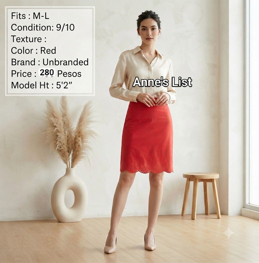 Red Skirt with Scalloped Eyelet Hem (Category: Skirts) located in Santa Maria. Submitted by anne_s.list (Listing ID 1469873595, Image 1). Description: - Color: Bright red - Size: Fits M to L frames - Details: Cute scalloped eyelet hem, clean finish with back zipper - Condition: Great shape, worn only a few times - Note: Unbranded piece, model stands at 5'2".