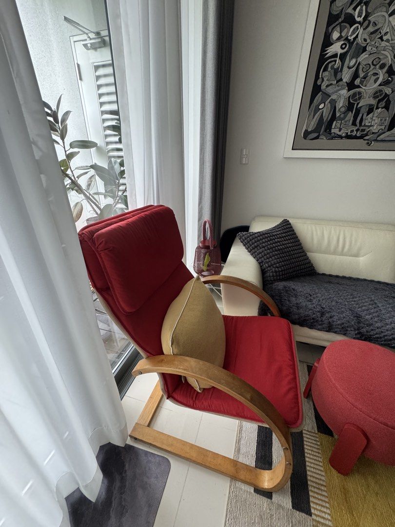 Red wooden lounge chair (Category: Office Furniture & Fixtures) located in Taguig. Submitted by dependingonvibe (Listing ID 1469796007, Image 3). Description: Ikea poang Chair reproduction. Good condition.