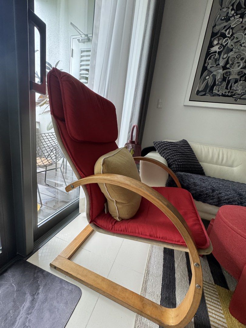 Red wooden lounge chair (Category: Office Furniture & Fixtures) located in Taguig. Submitted by dependingonvibe (Listing ID 1469796007, Image 1). Description: Ikea poang Chair reproduction. Good condition.