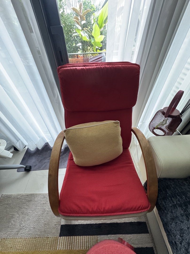 Red wooden lounge chair (Category: Office Furniture & Fixtures) located in Taguig. Submitted by dependingonvibe (Listing ID 1469796007, Image 2). Description: Ikea poang Chair reproduction. Good condition.