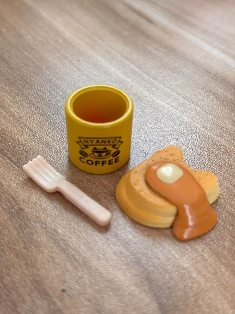 Rements breakfast set - 2 layers cat shaped pancake, coffee mug, & fork (Category: Designer & Blind Box Toys) located in Cavite. Submitted by l1ttlelulu (Listing ID 1469784020, Image 1). Description: Whay you see is what you get These are rements or minis.