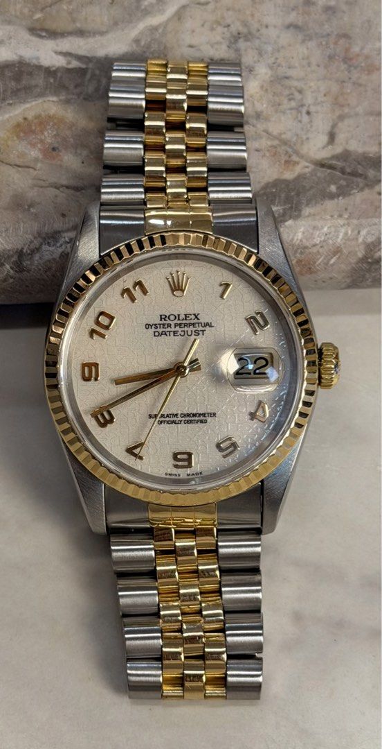 Rolex Datejust 36 (Category: Luxury Watches) located in Quezon City. Submitted by LuxPieces (Listing ID 1469928381, Image 1). Description: Rolex Datejust 36 White Arabic Anniversary Dial Year 1995 No lug holes Ref. 16233 Watch only 9/10 condition 335k only.