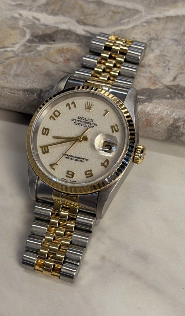 Rolex Datejust 36 (Category: Luxury Watches) located in Quezon City. Submitted by LuxPieces (Listing ID 1469928381, Image 3). Description: Rolex Datejust 36 White Arabic Anniversary Dial Year 1995 No lug holes Ref. 16233 Watch only 9/10 condition 335k only.