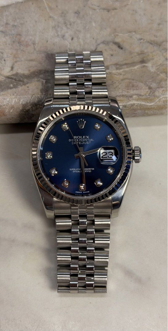 Rolex Datejust 36 Super Jubilee (Category: Luxury Watches) located in Quezon City. Submitted by LuxPieces (Listing ID 1469919730, Image 2). Description: Size 36mm Super Jubilee Bracelet Fluted bezel Ref. 116234 Blue diamond Dial (rare) Year 2009 - M serial Watch only 495k only.