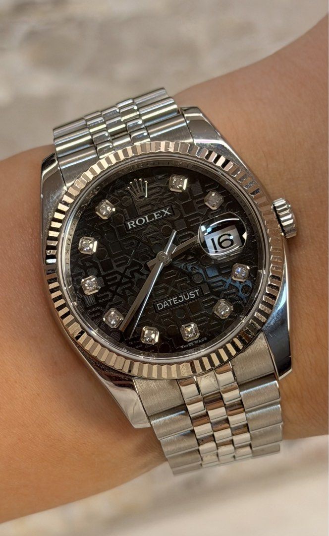 Rolex Datejust 36mm Super Jubilee (Category: Luxury Watches) located in Quezon City. Submitted by LuxPieces (Listing ID 1469920591, Image 1). Description: Rolex Datejust Size 36mm Super Jubilee Bracelet Fluted bezel Ref. 116234 Black Anniversary diamond Dial (rare) Watch only 485k only.