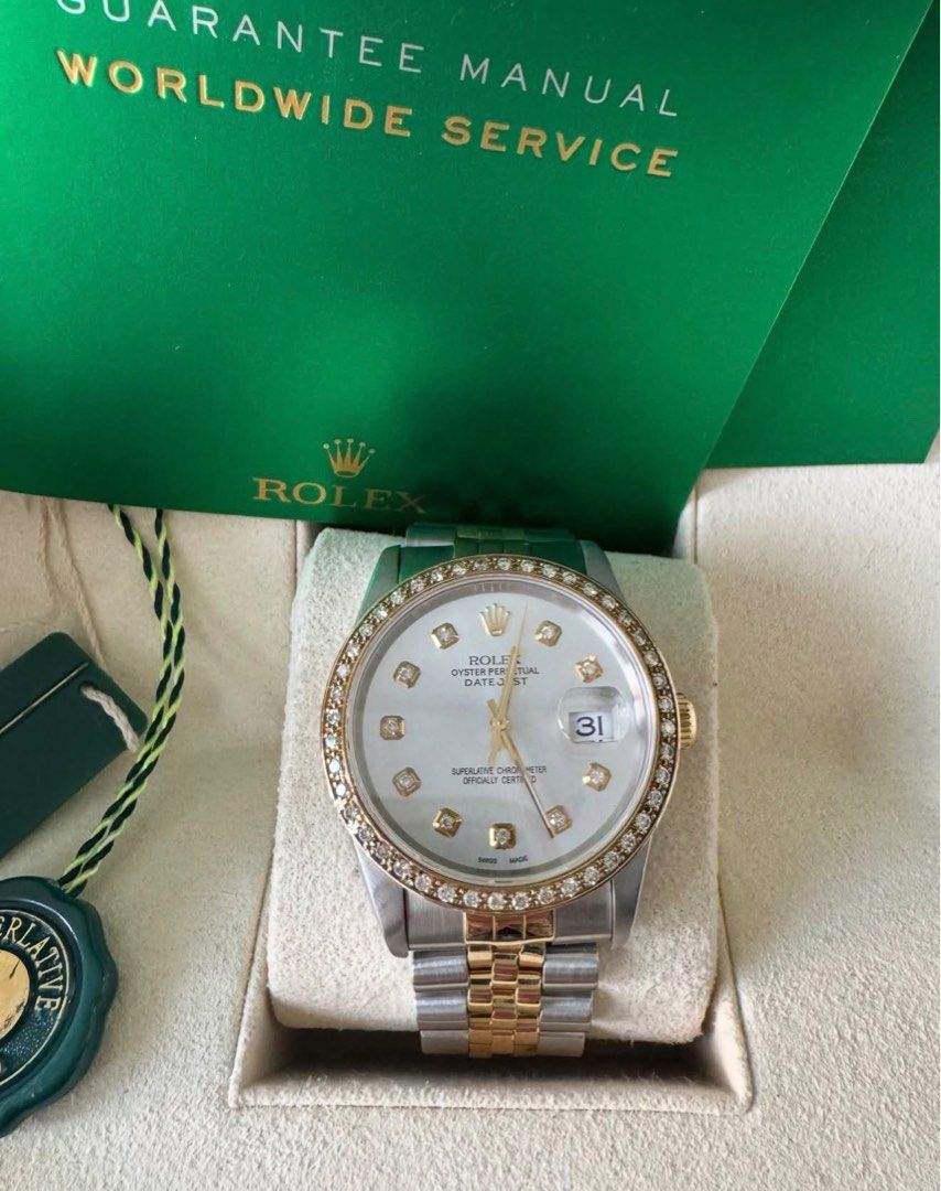 Rolex Datejust 36mm with Natural Dias (Category: Luxury Watches) located in Muntinlupa City. Submitted by declutteringsuzzy (Listing ID 1469908998, Image 1). Description: Rolex Datejust 36mm in & out diamond Customize 18ct bezel with natural diamomd. Customize rhodium dial with big diamond 18ct gold with SS combi box, unit and authenticated papers from The Panotes. Selling low so FIRM.
