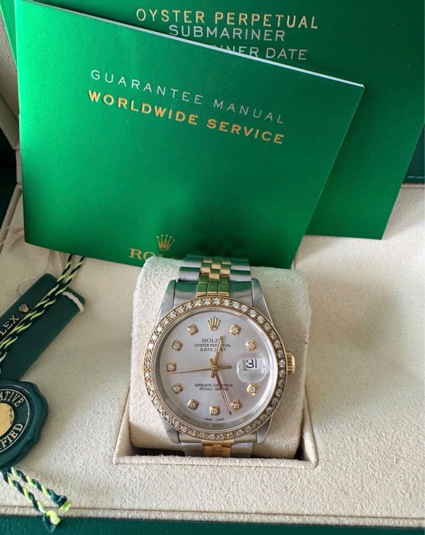 Rolex Datejust 36mm with Natural Dias (Category: Luxury Watches) located in Muntinlupa City. Submitted by declutteringsuzzy (Listing ID 1469908998, Image 2). Description: Rolex Datejust 36mm in & out diamond Customize 18ct bezel with natural diamomd. Customize rhodium dial with big diamond 18ct gold with SS combi box, unit and authenticated papers from The Panotes. Selling low so FIRM.