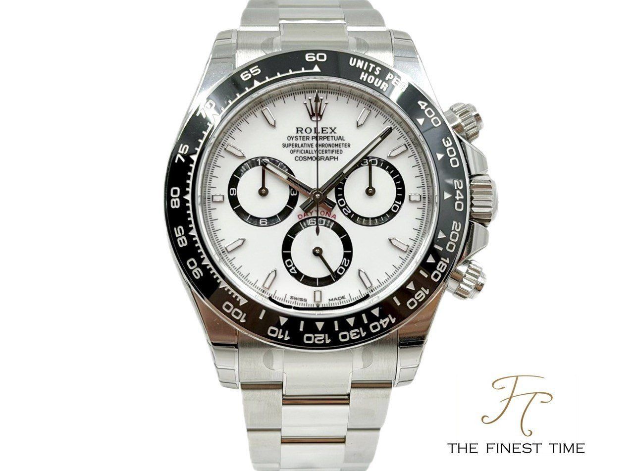 Rolex Daytona 126500LN White 126500LN Panda _ Oct 2026 _ New Wooden Card (Category: Watches) located in Singapore. Submitted by thefinesttime (Listing ID 1469820922, Image 1). Description: Model: Rolex Daytona Reference: 126500LN Case Diameter: 40MM Dial Color: White Material: Steel Bezel Material: Ceramic Bracelet Material: Steel Series: Alphanumeric New or Used: New Box & Paper: Yes,full set & barcode tag Date of Purchase: October 2026 Warranty