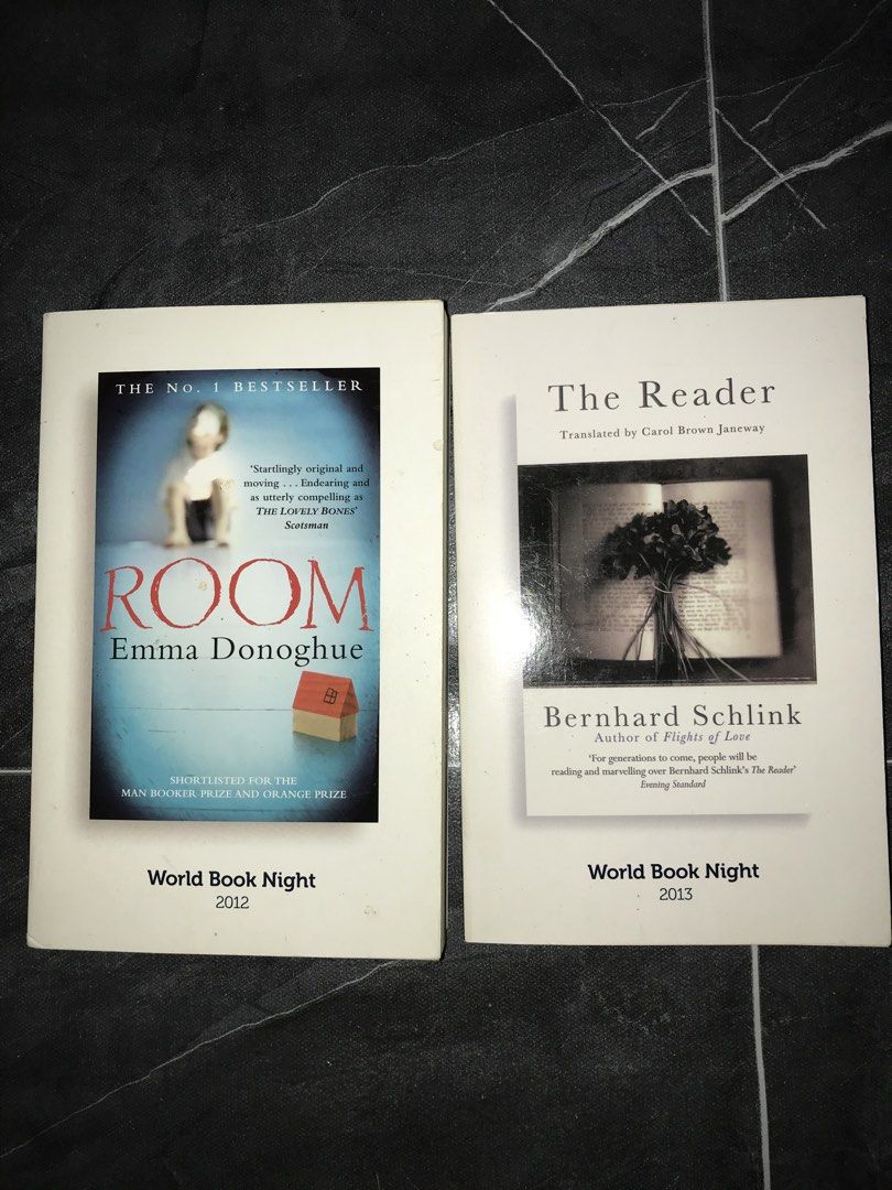 Room and The Reader World Book Night editions (Category: Storybooks) located in Pilar. Submitted by dhelsomera20308 (Listing ID 1469800924, Image 1). Description: Two paperback novels from the World Book Night series. Includes Room by Emma Donoghue from 2012 and The Reader by Bernhard Schlink from 2013. Pages have yellowed slightly over time. Covers show minor shelf wear. Standard paperback size. Great reads for book lovers looking to add to thei