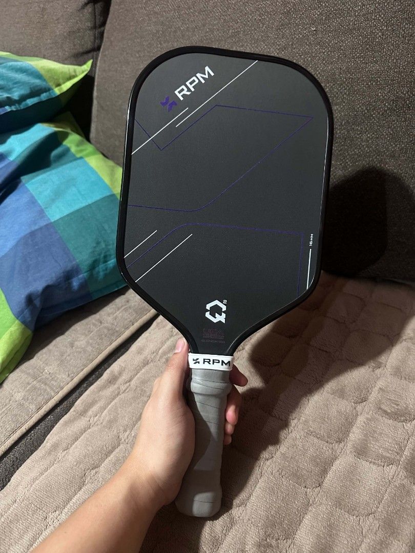 RPM Q2 Pickleball Paddle 16mm (Category: Other Sports Equipment and Supplies) located in Quezon City. Submitted by geraldines71432 (Listing ID 1469942332, Image 3). Description: Original RPM Q2 - Elongated 16 mm -Bought from Sampaguita Pickleball store (14,500) w/ receipt -Has balls marks on paddle surface due to normal use -Grit still 10/10 -Good condition and well maintained -Stock grip still installed & Edge guard since day one Selling price: 