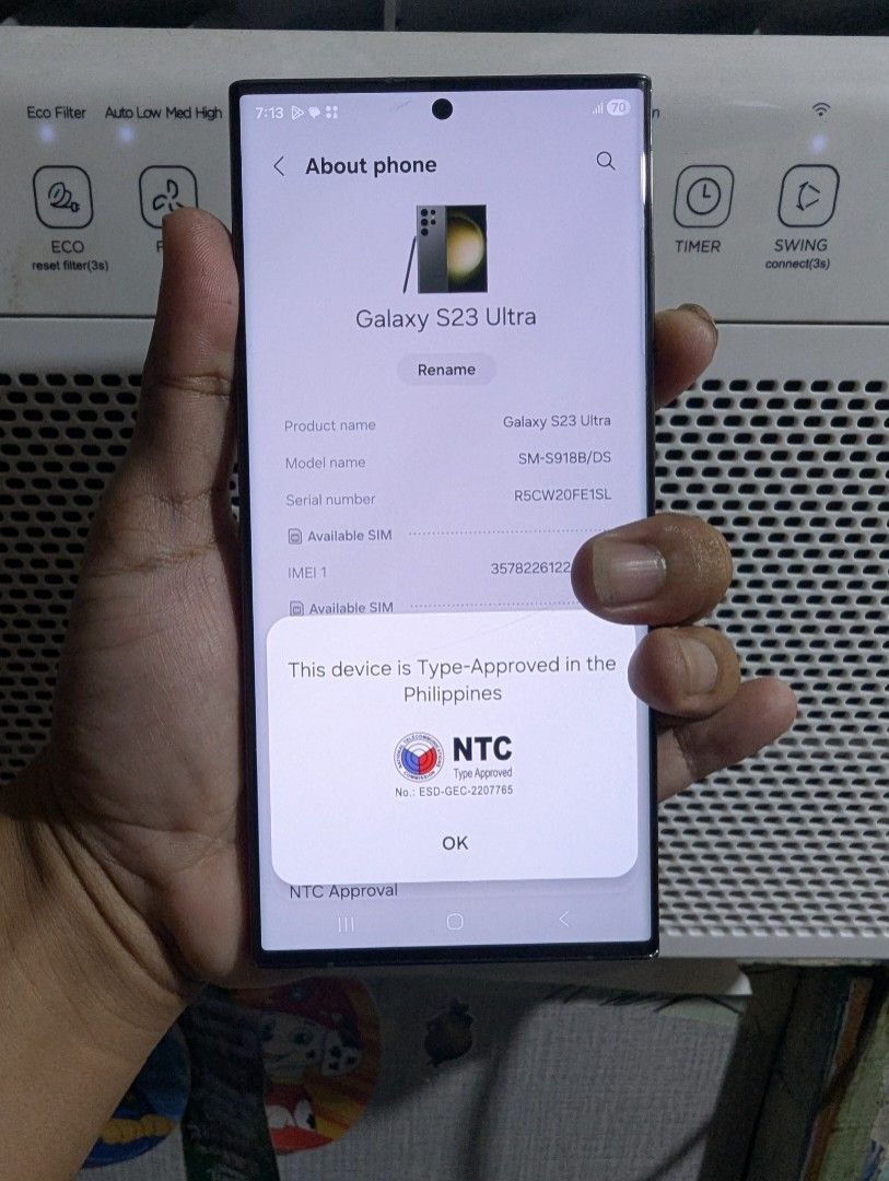 RUSH SAMSUNG S23 ULTRA 512GB (Category: Samsung) located in Manila. Submitted by thegreatfones (Listing ID 1467664098, Image 2). Description: RUSH SAMSUNG S23 ULTRA 512GB ALL WORKING NTC APPROVED ORIGINAL PARTS 1 HAIRLINE CRACK DARK MODE DI KITA SA DARK MOD OK NA OK NA AT LEAST TO NO DOT NO LINE AND ORIG PARIN LCD 13.5 NA LANG 512GB PA YAN OPENLINE TO ANY SIM UNIT CHARGER.