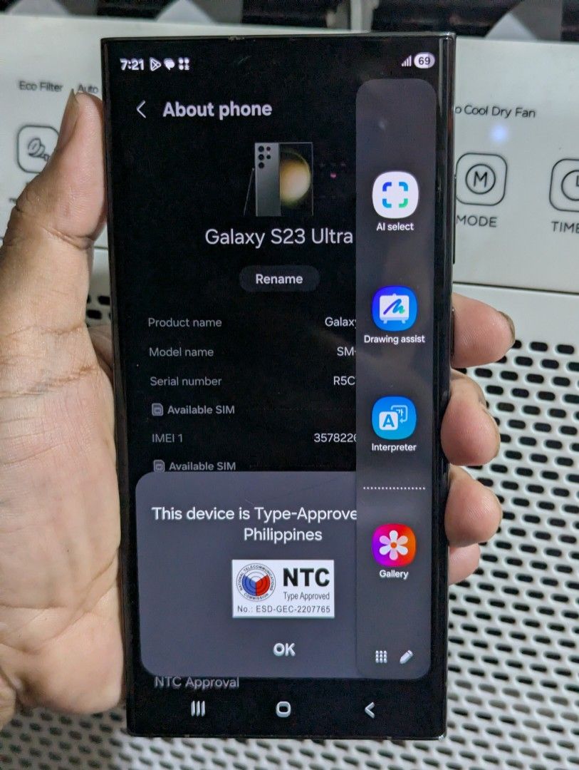 RUSH SAMSUNG S23 ULTRA 512GB (Category: Samsung) located in Manila. Submitted by thegreatfones (Listing ID 1467664098, Image 1). Description: RUSH SAMSUNG S23 ULTRA 512GB ALL WORKING NTC APPROVED ORIGINAL PARTS 1 HAIRLINE CRACK DARK MODE DI KITA SA DARK MOD OK NA OK NA AT LEAST TO NO DOT NO LINE AND ORIG PARIN LCD 13.5 NA LANG 512GB PA YAN OPENLINE TO ANY SIM UNIT CHARGER.