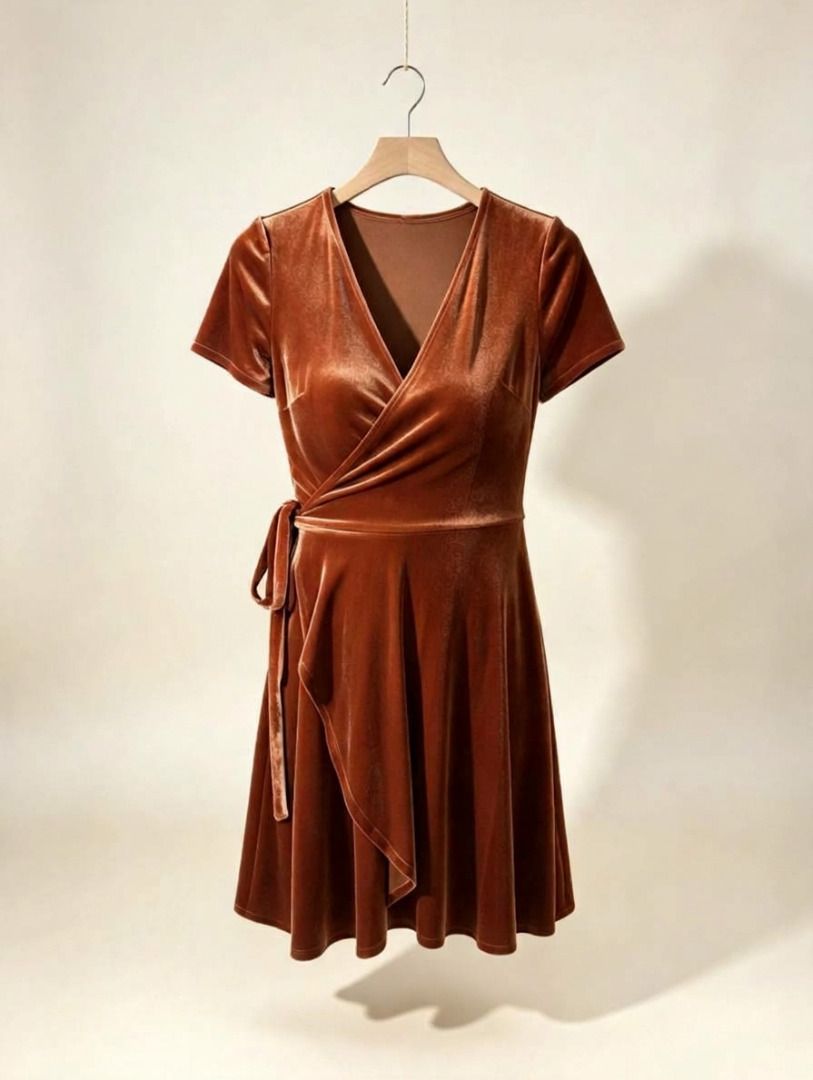 Rust Orange Velvet Wrap Mini Dress (Category: Dresses) located in Manila. Submitted by meedclothing (Listing ID 1469897209, Image 1). Description: - Color: Rich rust orange - Material: Soft velvet fabric with smooth interior lining - Design: Wrap style front with V-neckline and short sleeves - Fit: Flared skater skirt silhouette - Closure: Pullover design with adjustable side tie belt at the waist - Flaw: Small stitch 📌 PLEASE READ BEFORE ORDERI