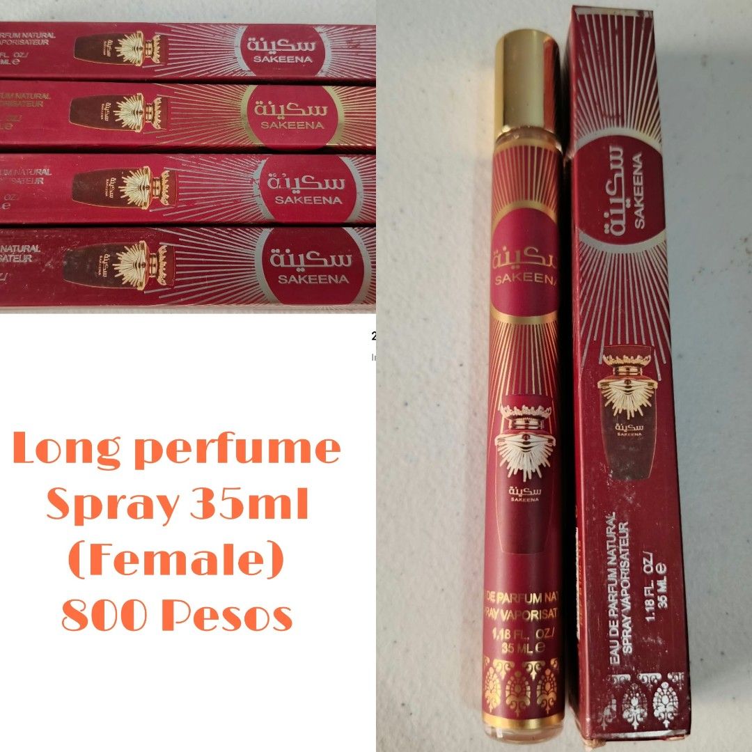 Sakeena Long Perfume Spray 35ml Female (Category: Fragrance & Deodorants) located in Indang. Submitted by neb.thingz (Listing ID 1469900101, Image 1). Description: - Product: Sakeena Long Perfume Spray for Women - Size: 35ml / 1.18 fl oz (Pocket & travel-friendly) - Packaging: Stunning deep red bottle with gold lettering and a decorative gold cap - Condition: Brand new, unopened outer boxes available - Stock: Multiple units ready for purchase (80