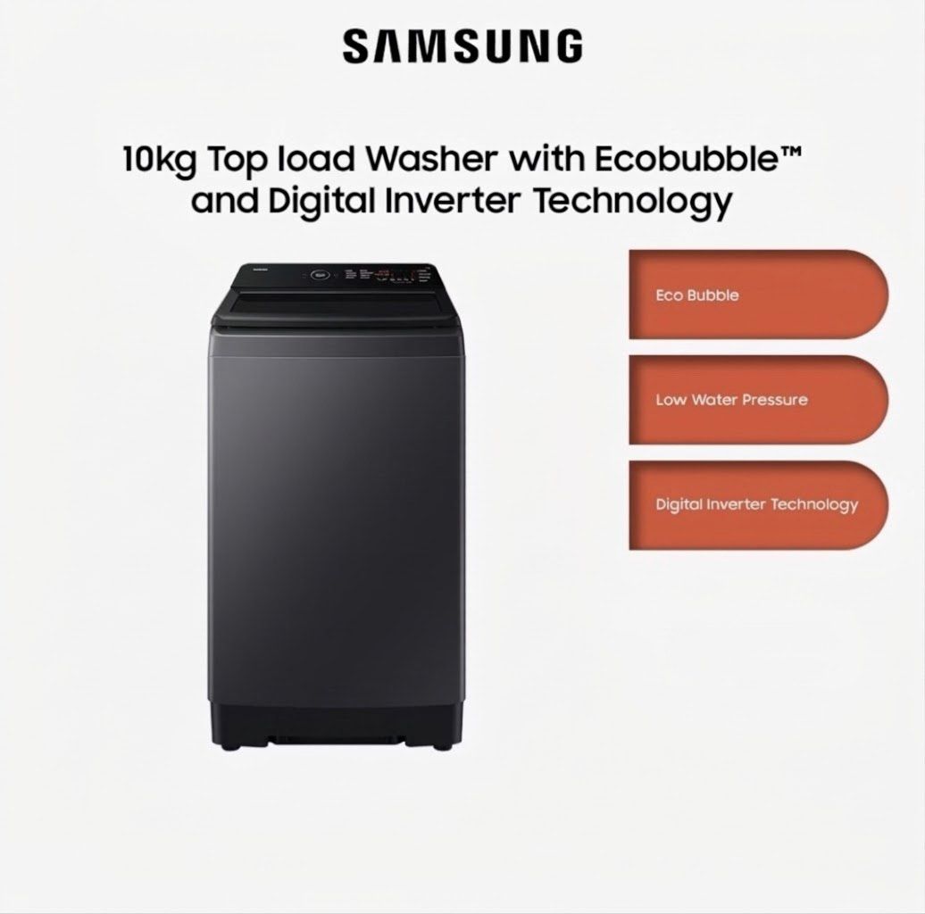 Samsung Ecobubble Digital Inverter Top Load Washing Machine (Category: Washing Machines and Dryers) located in Manila. Submitted by goldenfish.dc5c9f (Listing ID 1468606928, Image 1). Description: Samsung 10kg Top Load Washer EcoBubble™ Digital Inverter SLIGHTLY NEGOTIABLE - Features: Multiple clearly labelled wash cycles - Included: Water inlet hose and standard power plug - Condition: like new, used only for 1 year only - with warranty papers -