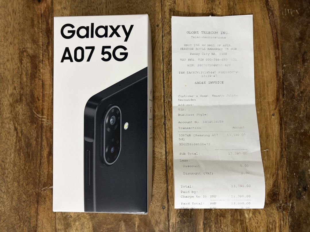 Samsung Galaxy A07 5G (Category: Samsung) located in Paranaque City. Submitted by riceywicey (Listing ID 1469848437, Image 1). Description: Samsung Galaxy A07 5G 6,000 mAh (25W)1 Dual Main 50 MP 6x OS/Security 4GB/128GB Color black RFS: Got this new phone from my Globe line. Won’t need it.