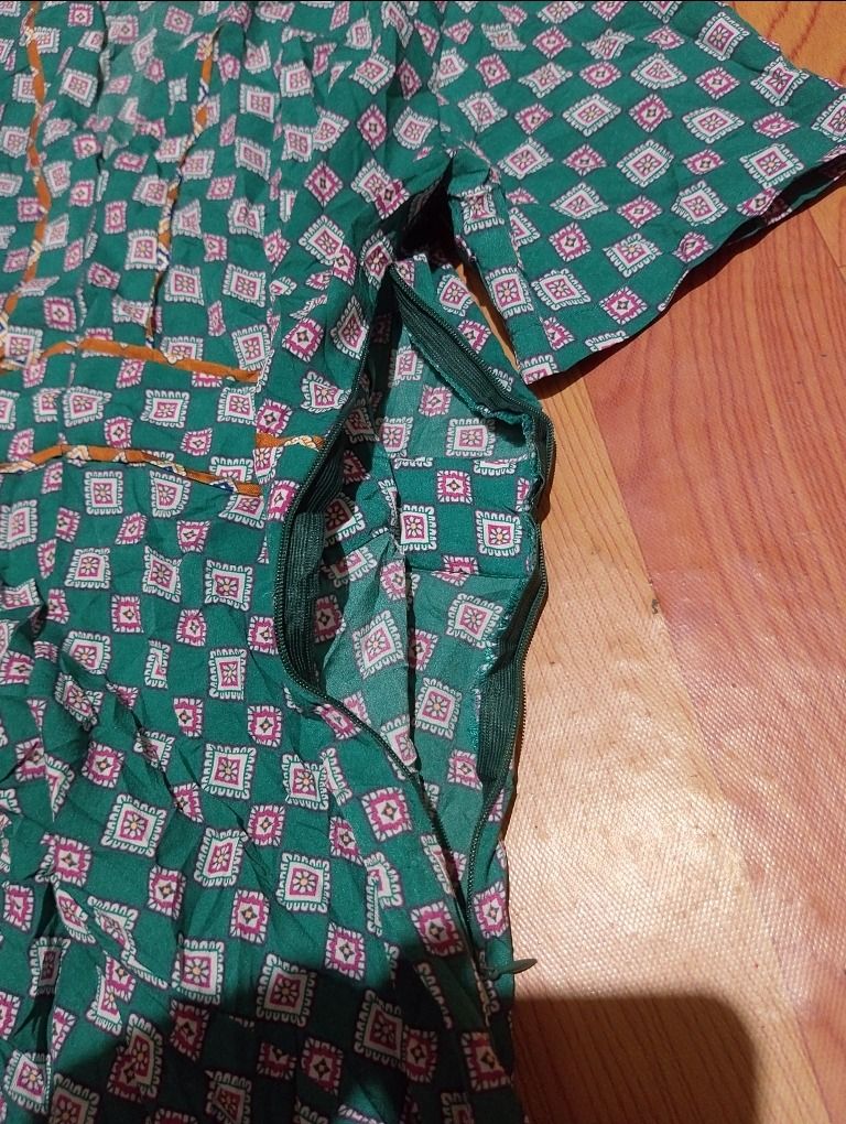 Sandro Paris Green Patterned Short Sleeve Dress Size 40 (Category: Dresses) located in Cavite. Submitted by marvzclothing (Listing ID 1469889692, Image 3). Description: - Brand: Sandro Paris - Size: 40 (Fits true to size) - Color/Pattern: Green with all-over fun geometric print - Details: V-neckline, contrasting trim under the bust, lightweight fabric - Fit: Flared skirt portion - Closure: Convenient side zipper - Condition: Excellent, well-maint