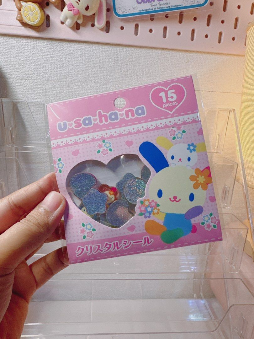 Sanrio Crystal Glitter Stickers (Category: Character Goods) located in Manila. Submitted by ronoarabbit.ph (Listing ID 1469931926, Image 2). Description: ❗️350 each❗️ ✔️Marroncream, ✔️Sugarbunnies Pink ✔️Sugarbunnies Blue ✔️Usahana ✔️My Sweet Piano - 15 glittery pieces per pack featuring adorable heart shapes and character faces - Perfect for journaling, decoden, or Sanrio collectors!.