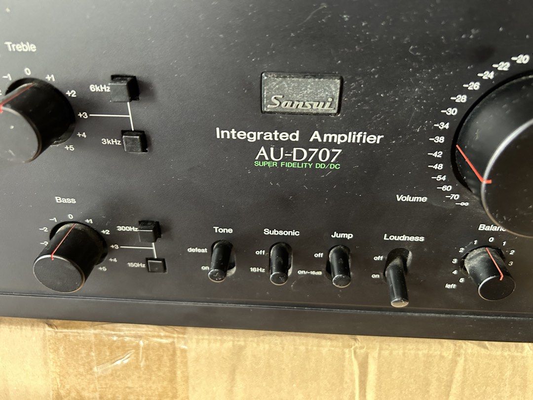 Sansui AU-D707 Integrated Amplifier 110 Volts (Category: Soundbars, Speakers & Amplifiers) located in Caloocan City. Submitted by guitara1822 (Listing ID 1469863641, Image 3). Description: • Model: Sansui AU-D707 • Type: Stereo Integrated Amplifier (Super Fidelity DD/DC) • Release Year: 1989 • Origin: Made in Japan • Features Visible: Treble and Bass tone controls with frequency selectors, Tone defeat, Subsonic filter, Jump switch, Loudness switc