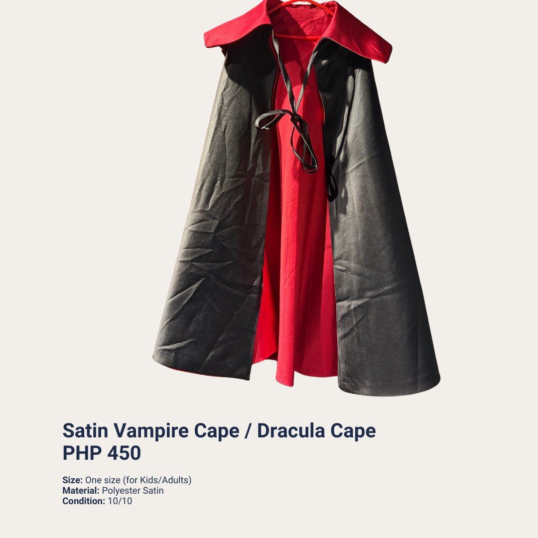 Satin Vampire Cape Dracula Costume Cloak (Category: Coats, Jackets and Outerwear) located in Quezon City. Submitted by mjpnp (Listing ID 1469899167, Image 1). Description: - Elegant satin vampire cape with striking black exterior and vibrant red interior - Features a dramatic high collar and secure ribbon ties at the neck - Made from smooth and lightweight polyester satin material - Versatile one-size-fits-all design suitable for both kids and ad