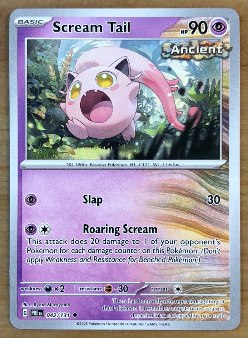 Scream Tail | Pokemon Cards ~ Prismatic Evolutions (Category: Raw Singles) located in Makati City. Submitted by cardlab (Listing ID 1469945626, Image 1). Description: Items are 💯 authentic/original/legit. About The Card: •Language: EN • Number: 042/131 • Uncommon • Normal FOR: • Cards ₱99 and below with Card Sleeves • Cards ₱100 and up with Card Sleeves and Used Toploader • ₱10 for Bnew Tops Packaging (If Shipping): ✔️ Plastic cover ✔️ Cardboard