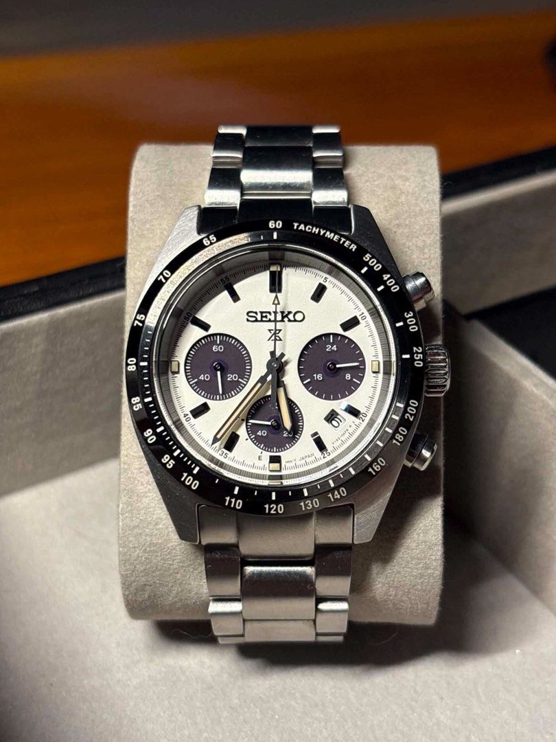 Seiko Prospex Speedtimer Solar Chronograph Watch SBDL085 (Category: Men's Watches) located in Pasig City. Submitted by gilbert0726 (Listing ID 1469944448, Image 1). Description: - Model: Seiko Prospex Speedtimer Solar Chronograph - Dial: Classic panda layout (white dial with contrasting dark sub-dials) - Bezel: Black tachymeter bezel - Bracelet: Durable stainless steel with folding clasp - Date: Convenient date window between 4 and 5 o'clock - Mo