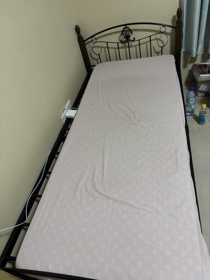 Semi-single bed (mattress + bed frame) (Category: Bed Frames & Mattresses) located in Quezon City. Submitted by goldbrews (Listing ID 1469920854, Image 1). Description: Semi sinlge mattress and bed frame - mattress size 30 x 75 - bed frame 36 x 75 CAN BUY MATTRESS OR FRAME ONLY! PREFER IF BUYING BOTH.