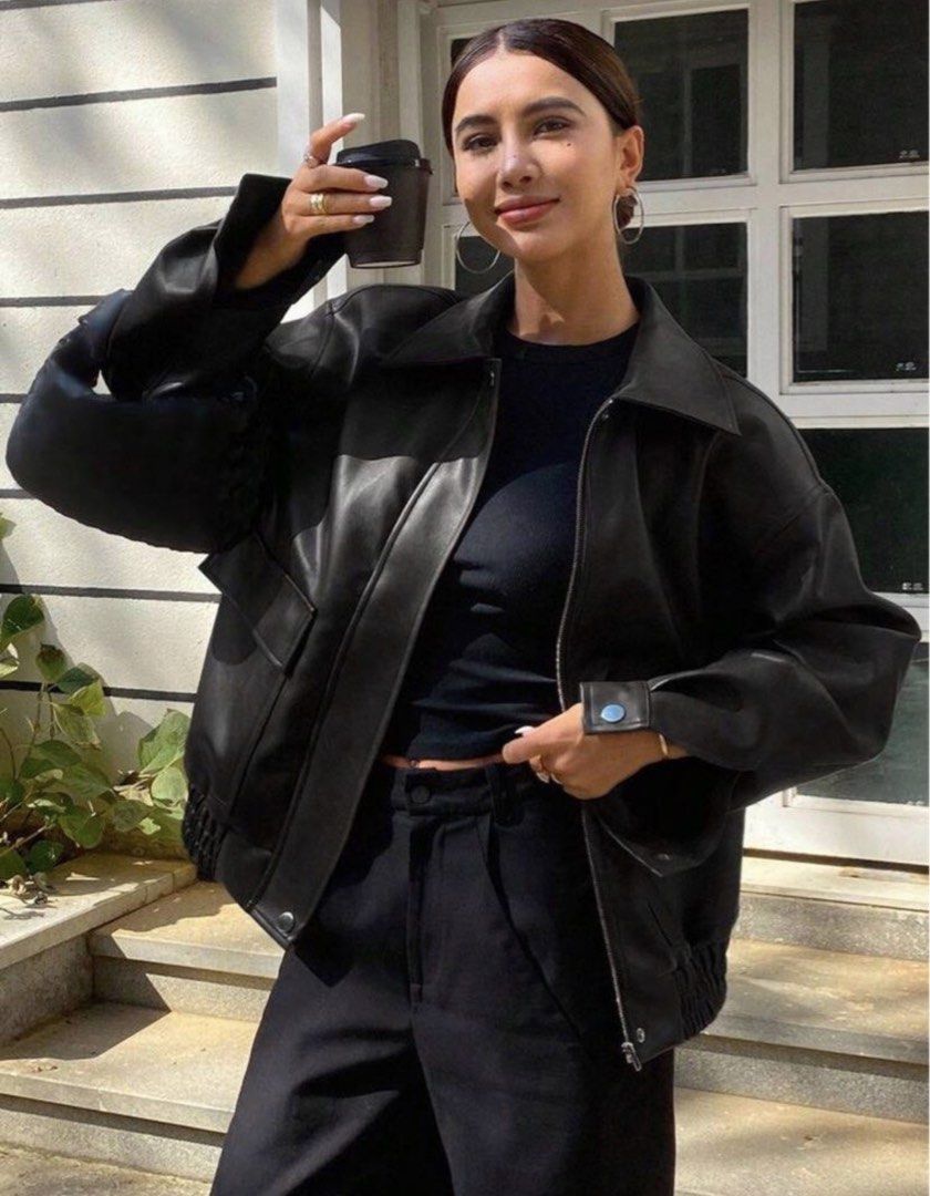 Shein Black Leather Jacket (Category: Coats, Jackets and Outerwear) located in Manila. Submitted by annesson (Listing ID 1469888476, Image 1). Description: Used once during Japan trip With pockets | Kept me warm even negative degree temp Size large on tag for oversized fit Body frame: Medium .