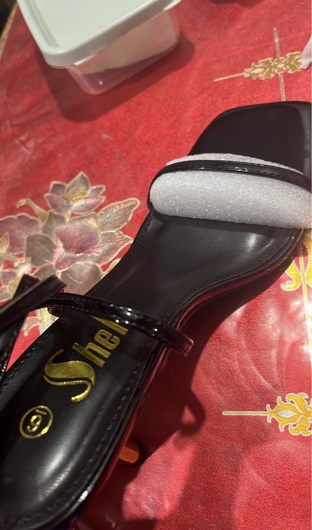 SHEIN Black Strappy Kitten Heels Size 9 (Category: Heels) located in Caloocan City. Submitted by gerlie1531 (Listing ID 1469749393, Image 3). Description: - Brand: SHEIN - Condition: Brand new, never worn (protective foam still on toe strap) - Size: US 9 / EUR 40 - Design: Black strappy heels with modern square toe - Heel: Eye-catching metallic gold stiletto - Closure: Thin adjustable ankle strap.
