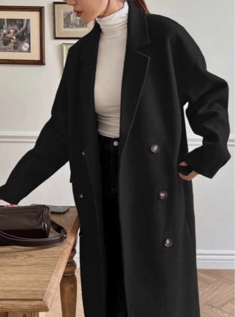 Shein Black Trench Coat (Category: Coats, Jackets and Outerwear) located in Manila. Submitted by annesson (Listing ID 1469889713, Image 1). Description: Used Once during Japan Trip HQ Fabric with pockets on both sides Height: 5’5” Medium on Tag.