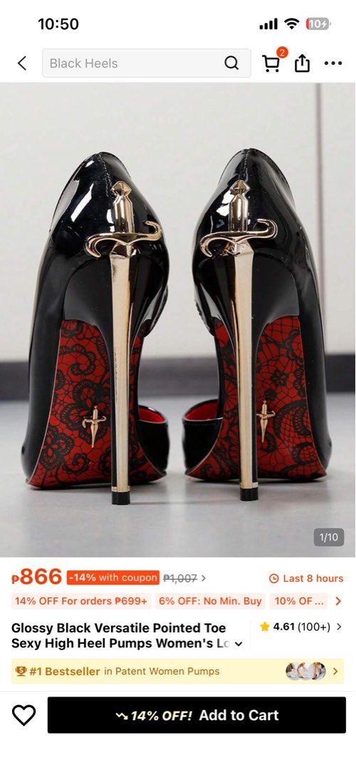 Shein Dagger/Sword stiletto heels cesare paccioti style (Category: Heels) located in Makati City. Submitted by maxgomez (Listing ID 1469787262, Image 2). Description: - Glossy black patent finish with a sleek pointed-toe design - Eye-catching gold dagger-shaped stiletto heel on the back - Signature red sole featuring a chic black lace print and tiny dagger emblem - Convenient slip-on style for easy wear - Perfect statement shoes for parties, even