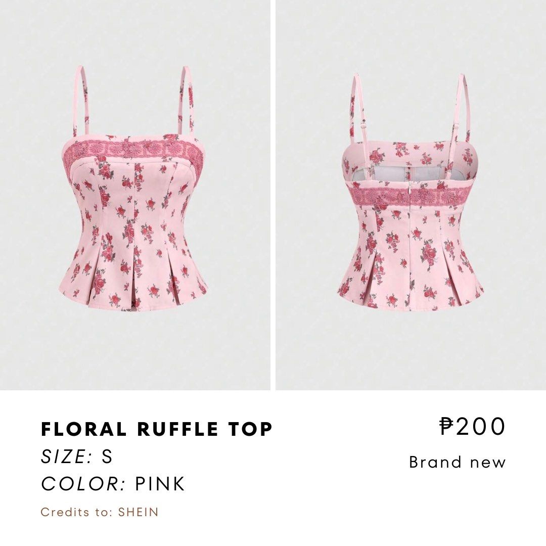 SHEIN Floral Ruffle Top Pink Size S (Category: Sleeveless) located in Dasmarinas. Submitted by crtzelys (Listing ID 1469847984, Image 1). Description: - Brand: SHEIN - Condition: Brand new, never worn - Size: Small - Design: Pink floral print with delicate lace trim - Fit & Features: Adjustable straps and a flattering pleated flared hem.