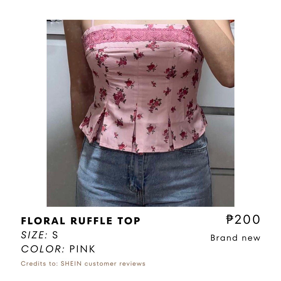 SHEIN Floral Ruffle Top Pink Size S (Category: Sleeveless) located in Dasmarinas. Submitted by crtzelys (Listing ID 1469847984, Image 2). Description: - Brand: SHEIN - Condition: Brand new, never worn - Size: Small - Design: Pink floral print with delicate lace trim - Fit & Features: Adjustable straps and a flattering pleated flared hem.